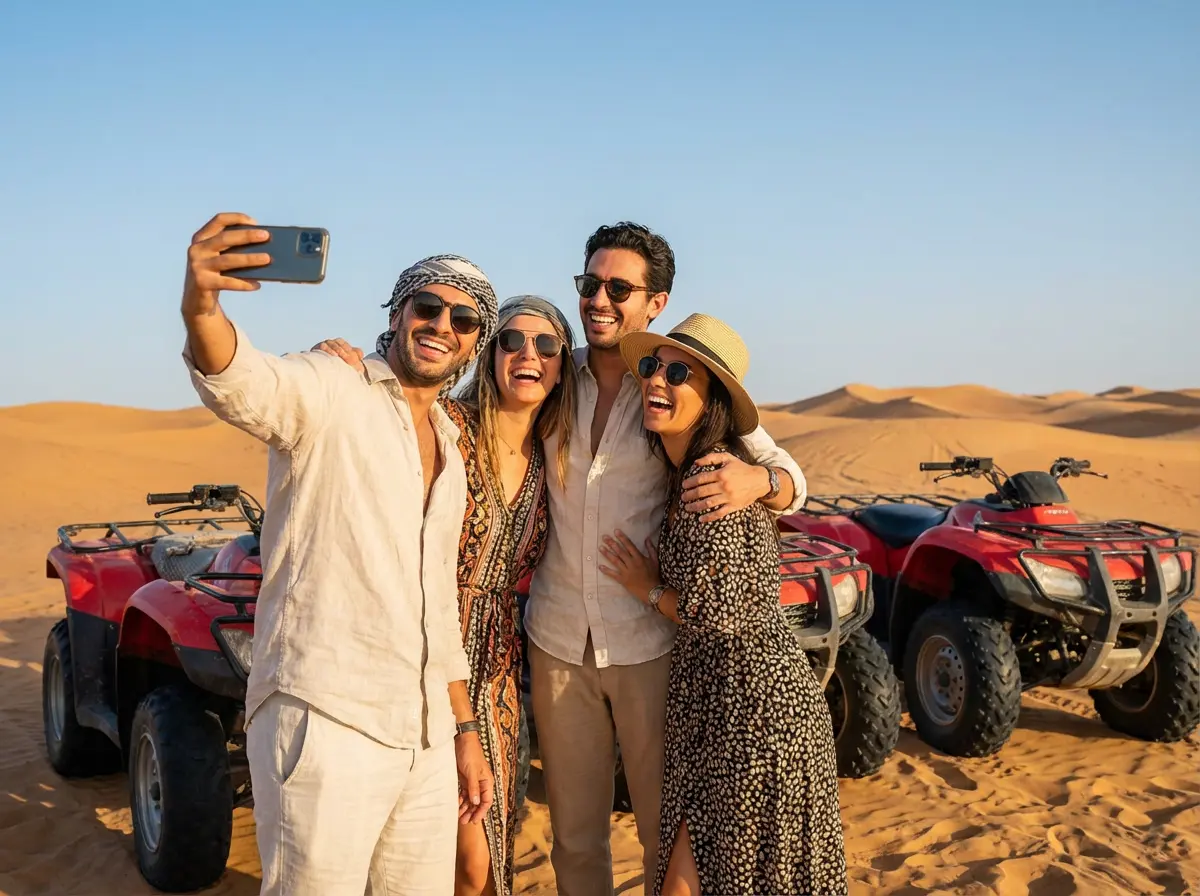 Friends taking a selfie on quad bikes in Agadir desert